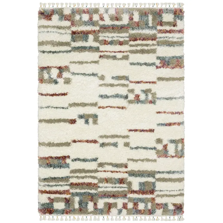 10' X 13' Tan Gray And Ivory Abstract Shag Distressed Area Rug With Fringe