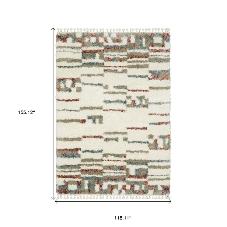 10' X 13' Tan Gray And Ivory Abstract Shag Distressed Area Rug With Fringe