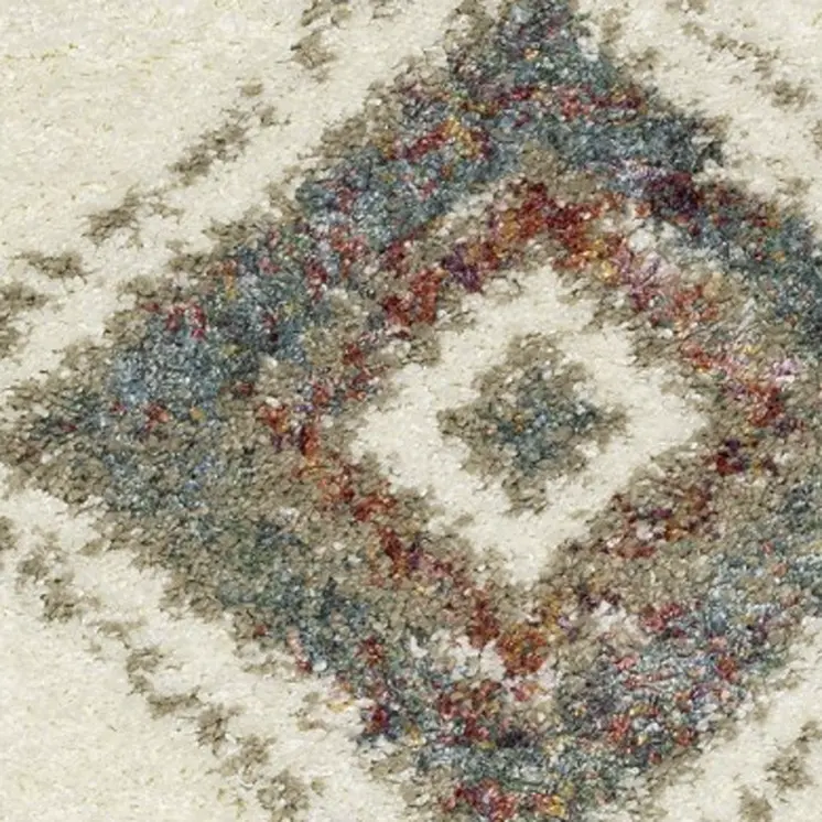5' X 8' Ivory Red And Orange Southwestern Shag Area Rug With Fringe
