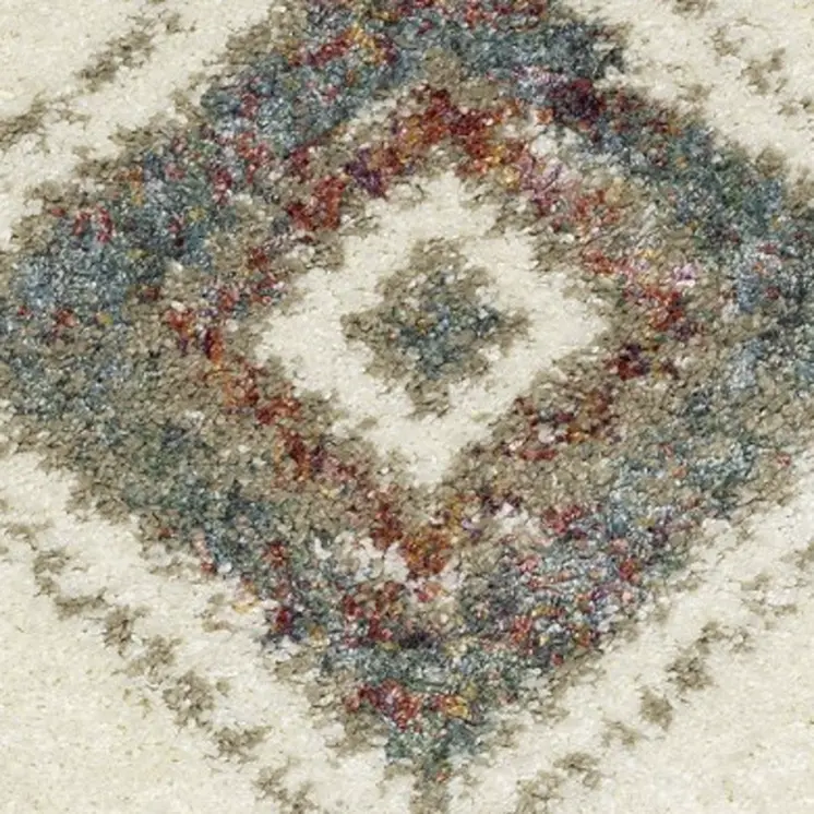 10' X 13' Ivory Red And Orange Southwestern Shag Area Rug With Fringe