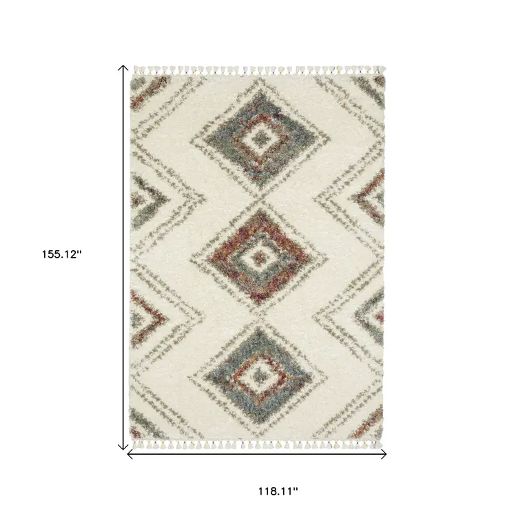 10' X 13' Ivory Red And Orange Southwestern Shag Area Rug With Fringe