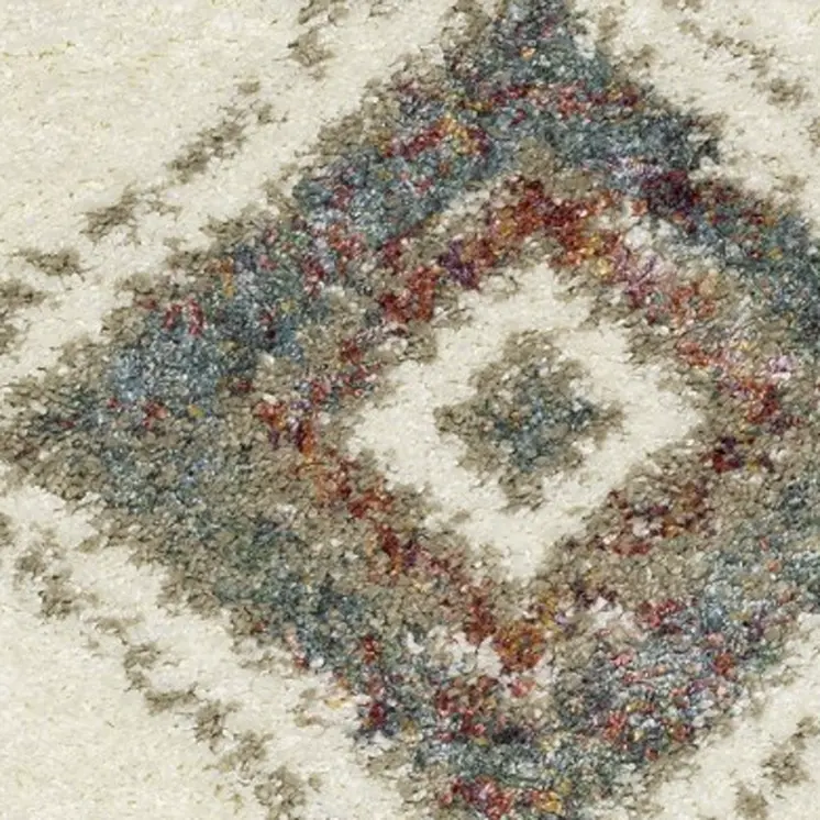 4' X 5' Ivory Red And Orange Southwestern Shag Area Rug With Fringe