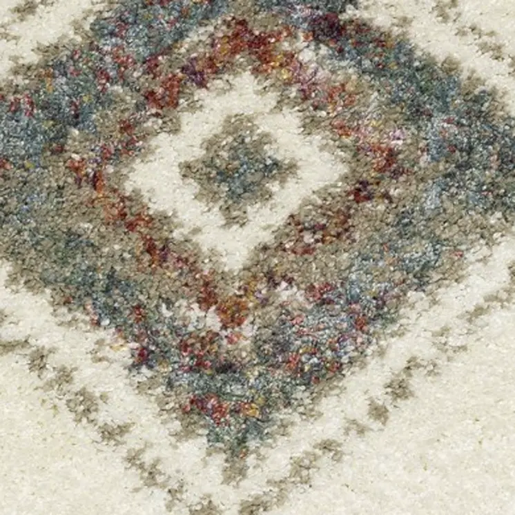8' X 11' Ivory Red And Orange Southwestern Shag Area Rug With Fringe