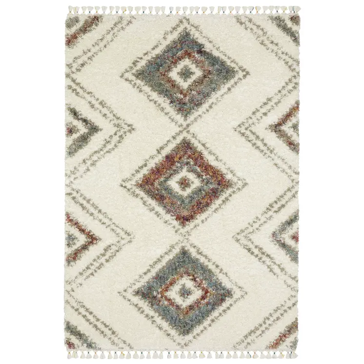 8' X 11' Ivory Red And Orange Southwestern Shag Area Rug With Fringe