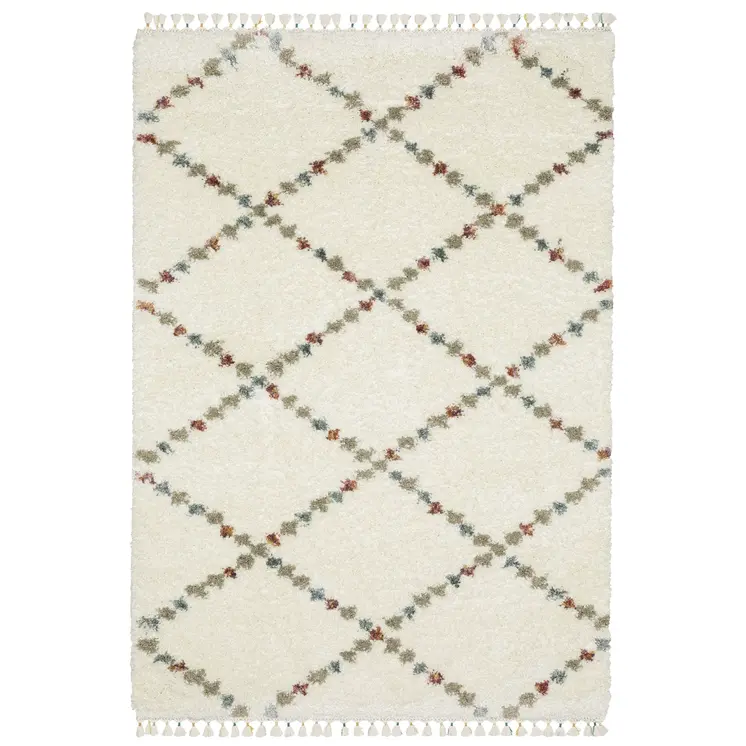 5' X 8' Gray Ivory And Tan Diamond Shag Area Rug With Fringe