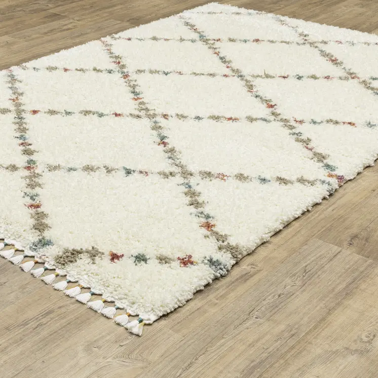 5' X 8' Gray Ivory And Tan Diamond Shag Area Rug With Fringe