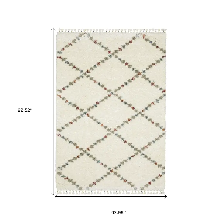5' X 8' Gray Ivory And Tan Diamond Shag Area Rug With Fringe