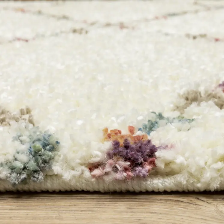 10' X 13' Ivory Tan And Gray Diamond Shag Area Rug With Fringe