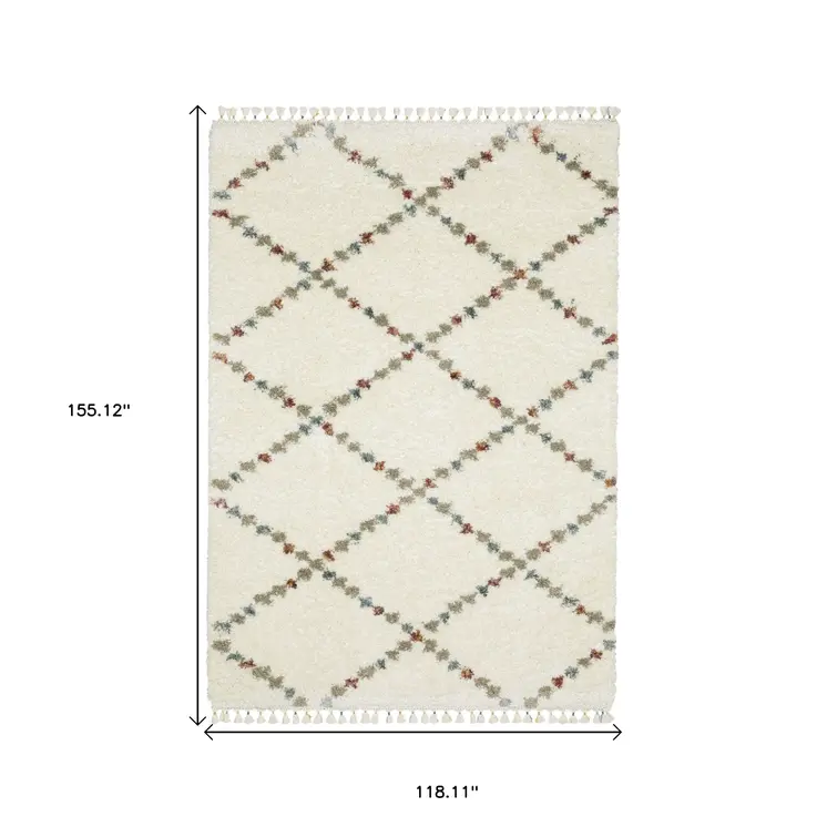 10' X 13' Ivory Tan And Gray Diamond Shag Area Rug With Fringe