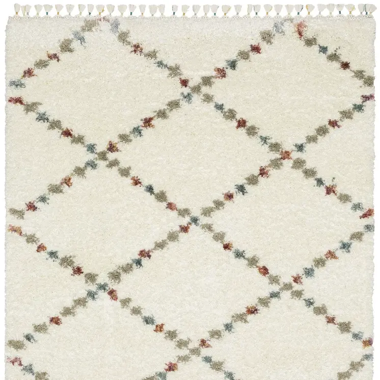 4' X 6' Ivory Tan And Gray Diamond Shag Area Rug With Fringe