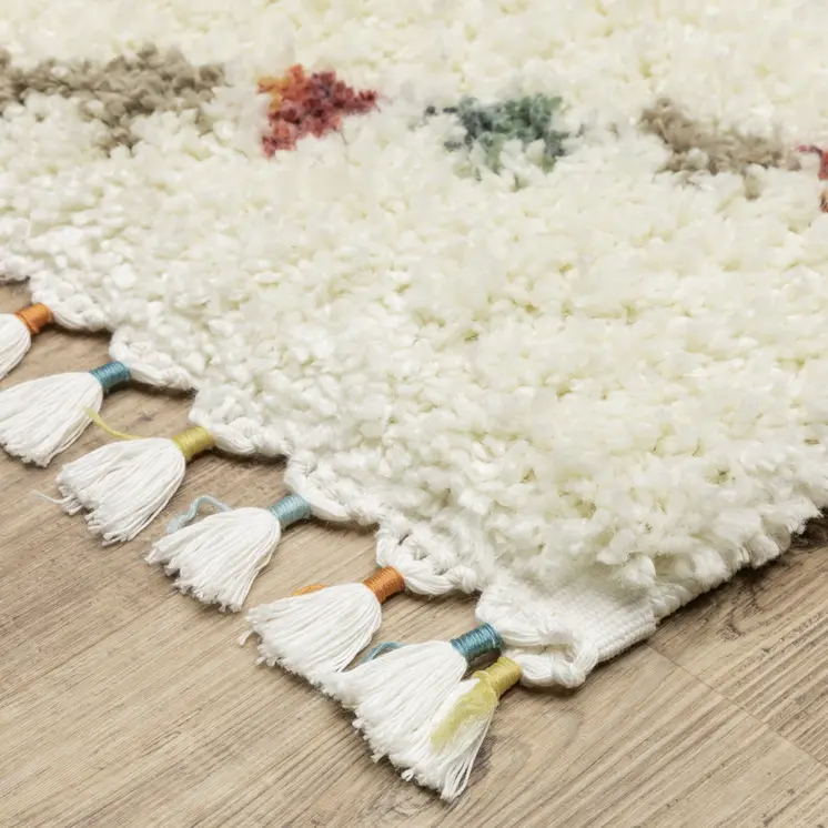 4' X 6' Ivory Tan And Gray Diamond Shag Area Rug With Fringe