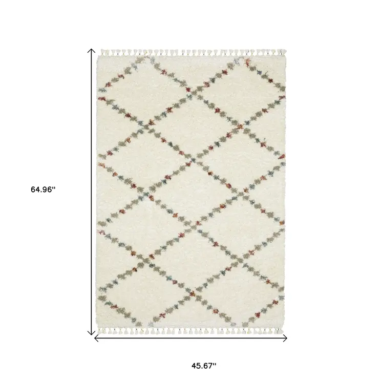 4' X 6' Ivory Tan And Gray Diamond Shag Area Rug With Fringe