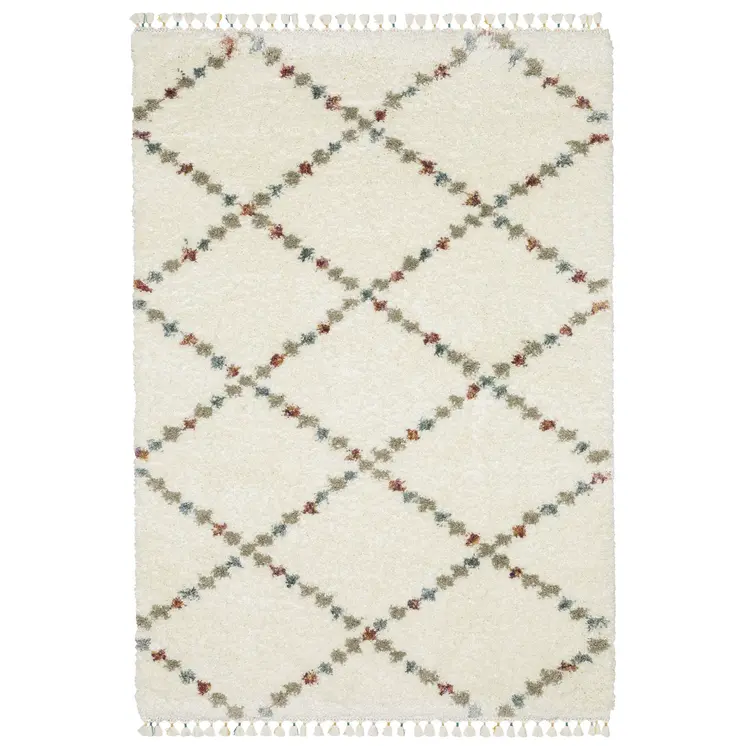 8' X 11' Ivory Tan And Gray Diamond Shag Area Rug With Fringe