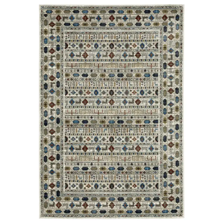 7' X 9' Ivory Tan And Gray Tribal Area Rug