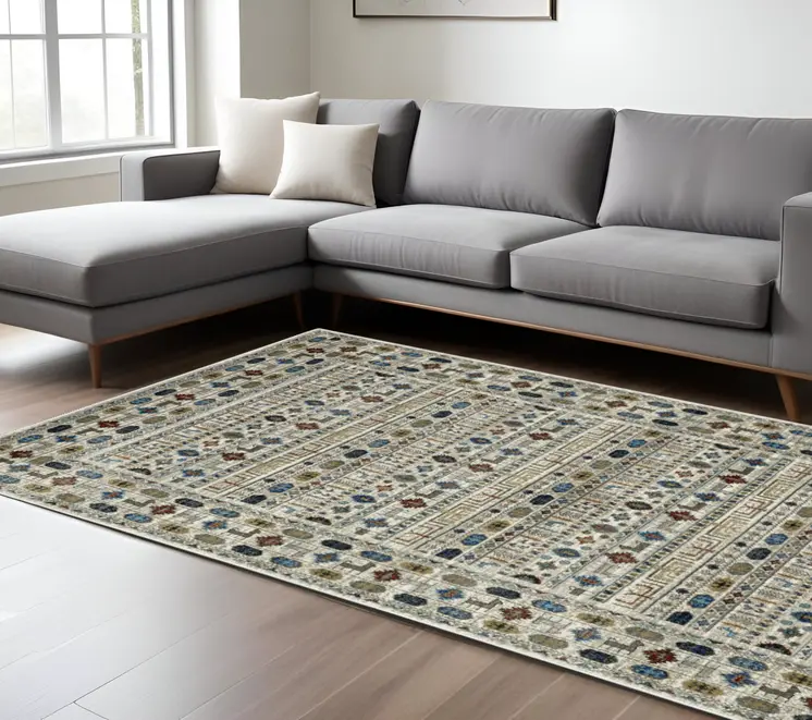 7' X 9' Ivory Tan And Gray Tribal Area Rug