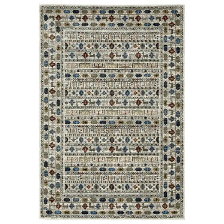 7' X 9' Ivory Tan And Gray Tribal Area Rug