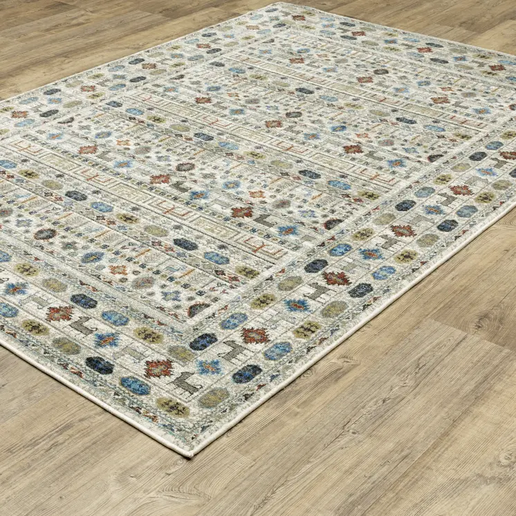 7' X 9' Ivory Tan And Gray Tribal Area Rug