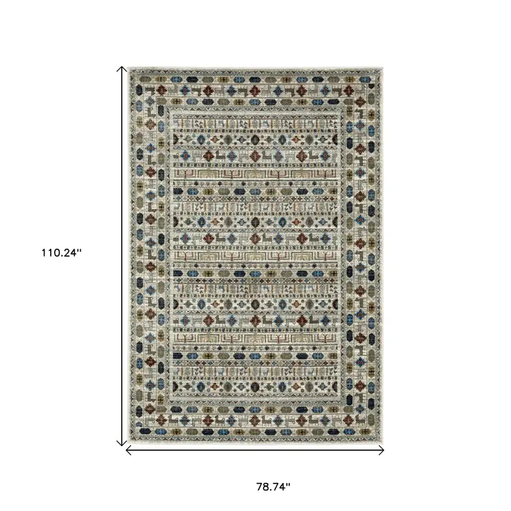 7' X 9' Ivory Tan And Gray Tribal Area Rug