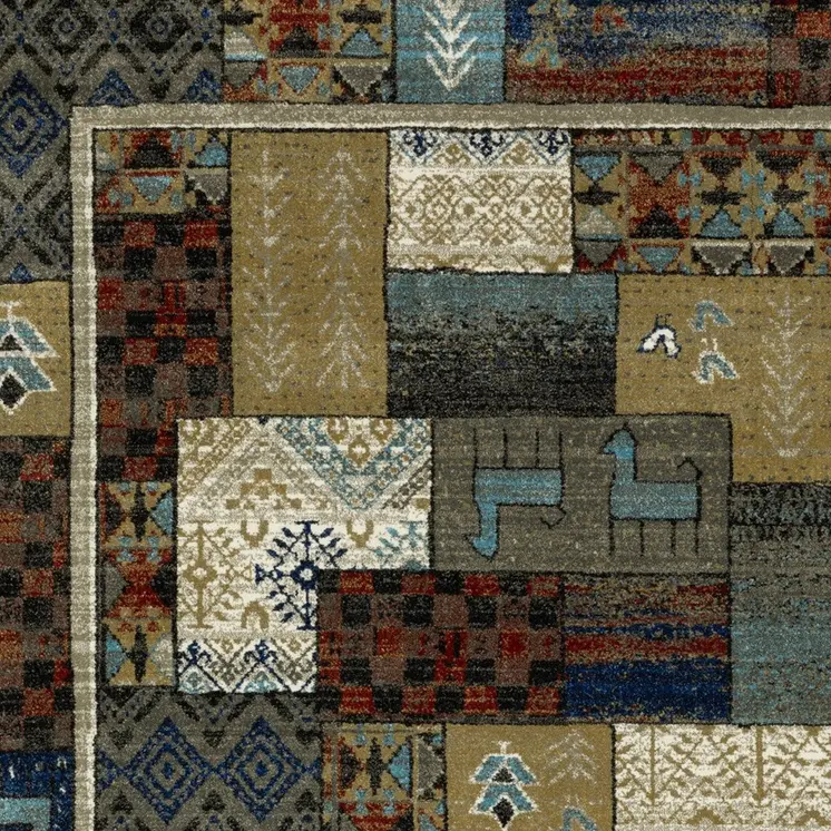 4' X 6' Brown Tan And Blue Patchwork Area Rug