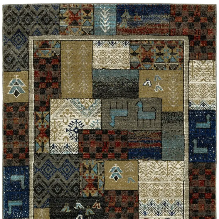 7' X 9' Brown Tan And Blue Patchwork Area Rug