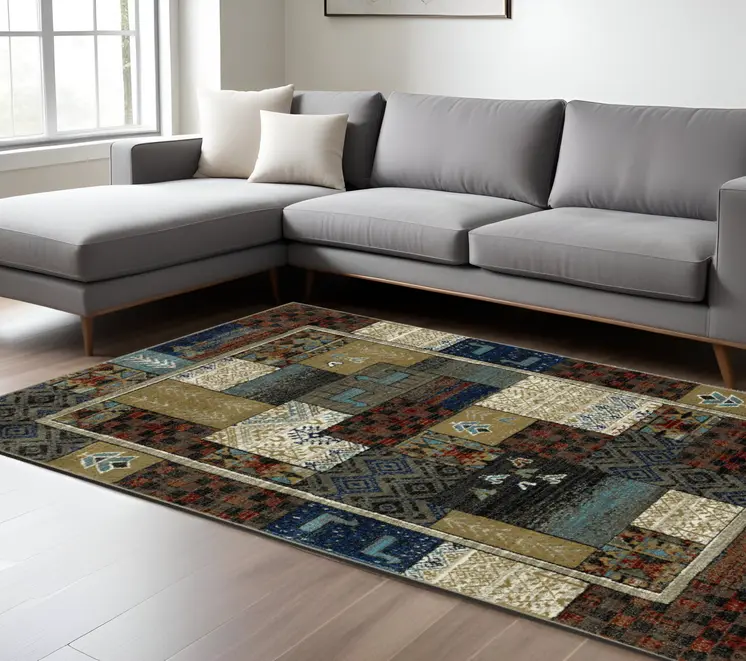 7' X 9' Brown Tan And Blue Patchwork Area Rug