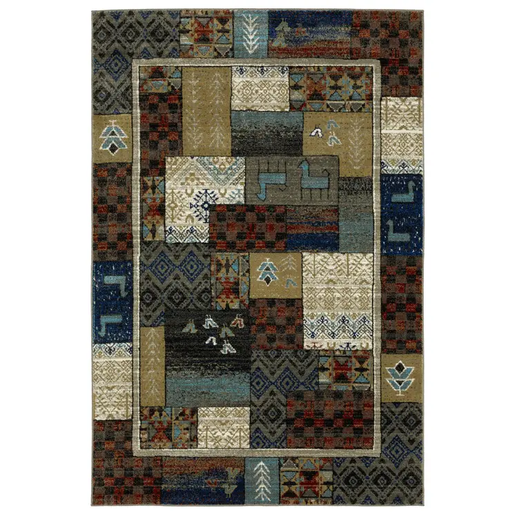 7' X 9' Brown Tan And Blue Patchwork Area Rug