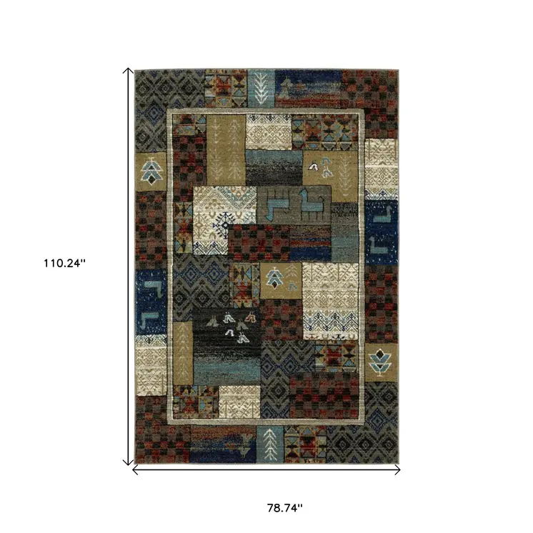 7' X 9' Brown Tan And Blue Patchwork Area Rug