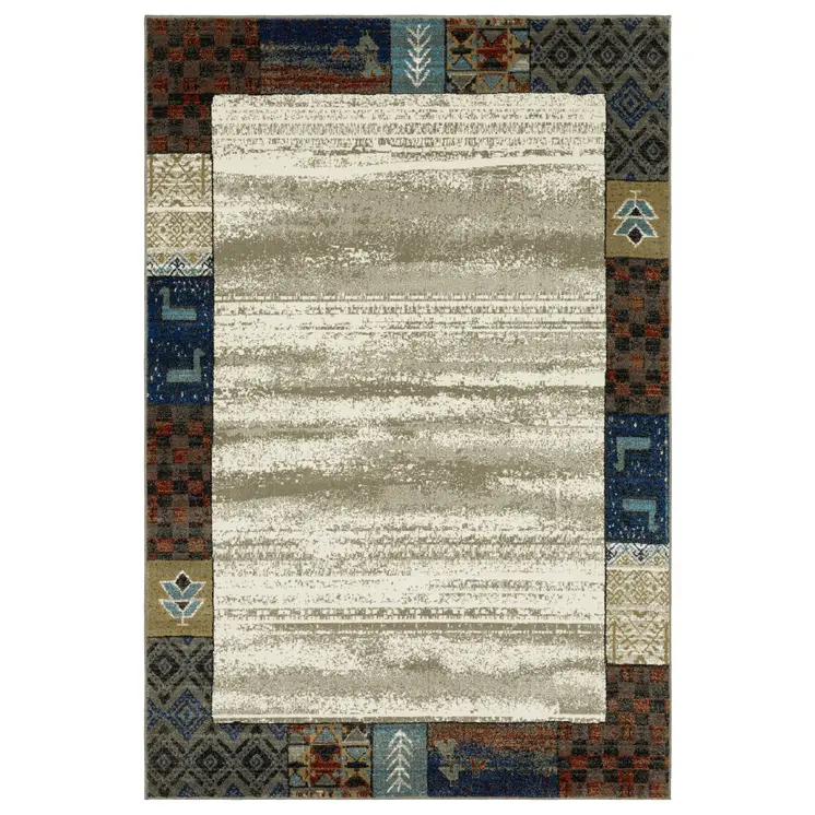 5' X 7' Ivory Tan And Blue Patchwork Area Rug
