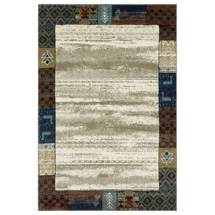 5' X 7' Ivory Tan And Blue Patchwork Area Rug