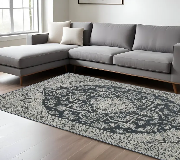 7' X 10' Blue And Gray Oriental Area Rug
