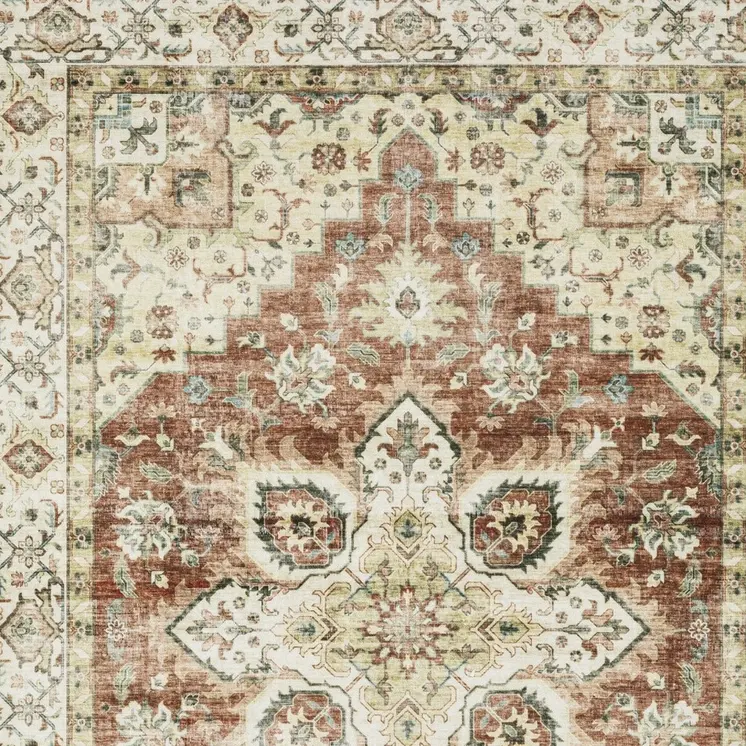 5' X 7' Red And Ivory Oriental Distressed Area Rug