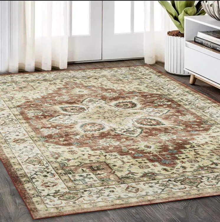 5' X 7' Red And Ivory Oriental Distressed Area Rug