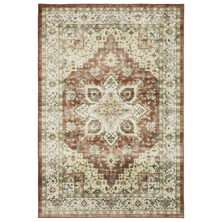 5' X 7' Red And Ivory Oriental Distressed Area Rug