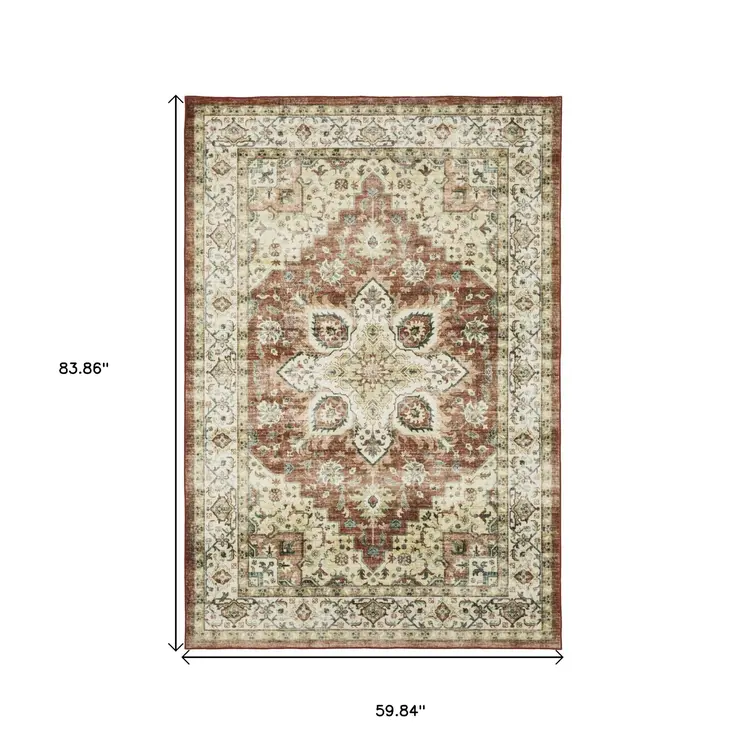 5' X 7' Red And Ivory Oriental Distressed Area Rug