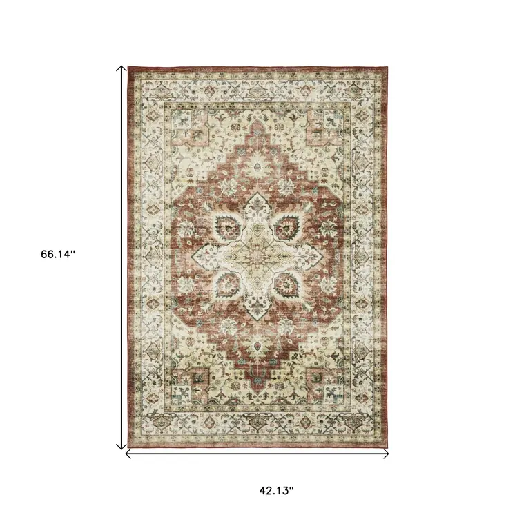 4' X 6' Red And Ivory Oriental Distressed Area Rug