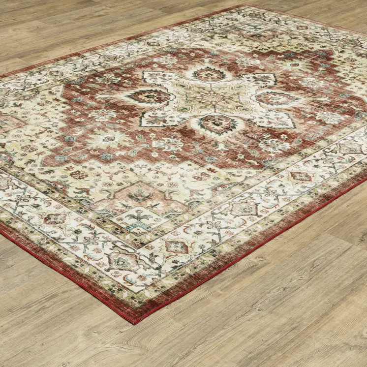 8' X 10' Red And Ivory Oriental Distressed Area Rug