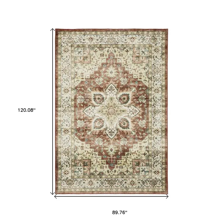 8' X 10' Red And Ivory Oriental Distressed Area Rug