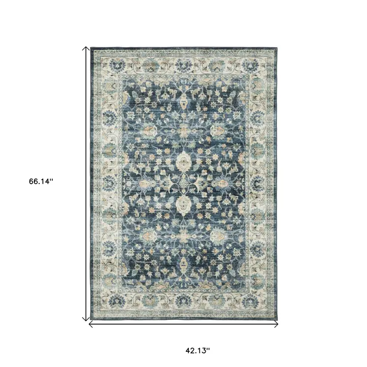 4' X 6' Blue And Ivory Oriental Distressed Area Rug