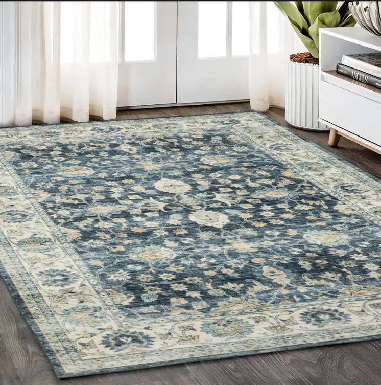5' X 7' Blue And Ivory Oriental Distressed Area Rug