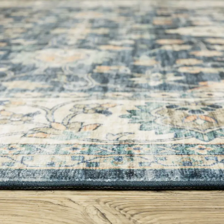 5' X 7' Blue And Ivory Oriental Distressed Area Rug