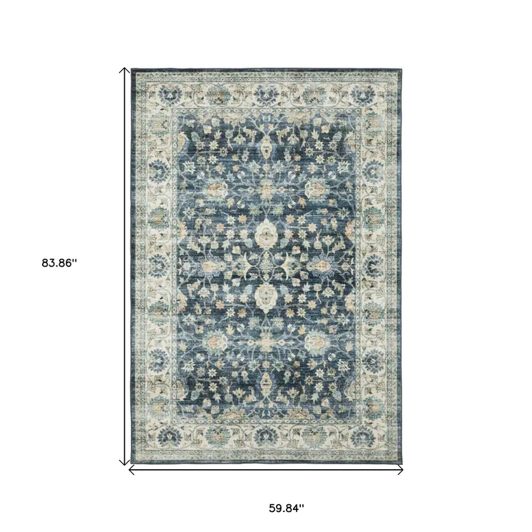 5' X 7' Blue And Ivory Oriental Distressed Area Rug