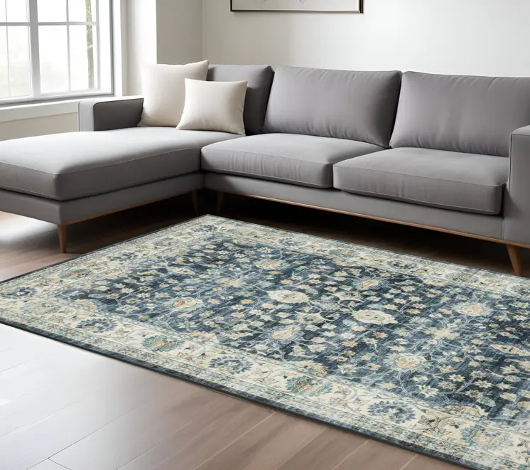 8' X 10' Blue And Ivory Oriental Distressed Area Rug