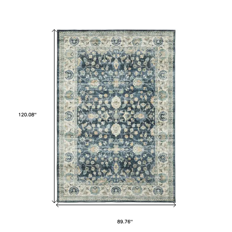 8' X 10' Blue And Ivory Oriental Distressed Area Rug