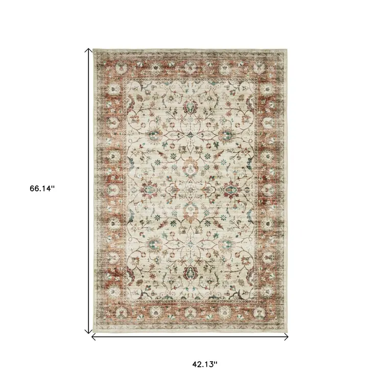 4' X 6' Ivory And Rust Oriental Distressed Area Rug