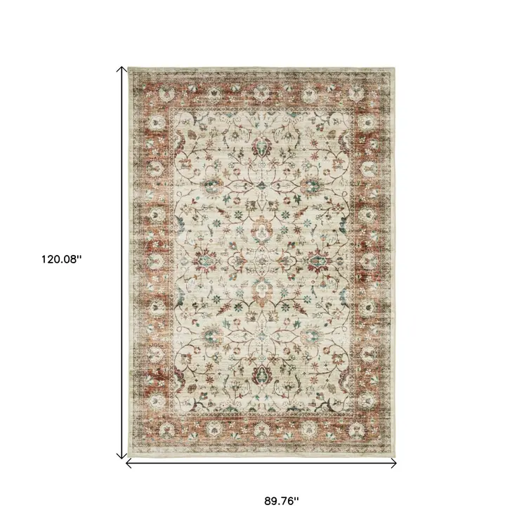 8' X 10' Ivory And Rust Oriental Distressed Area Rug