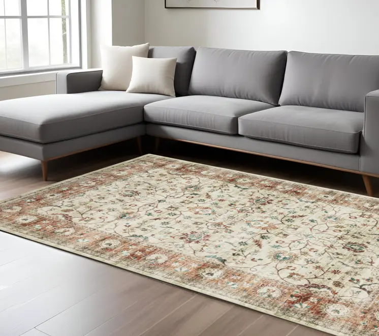 8' X 10' Ivory And Rust Oriental Distressed Area Rug