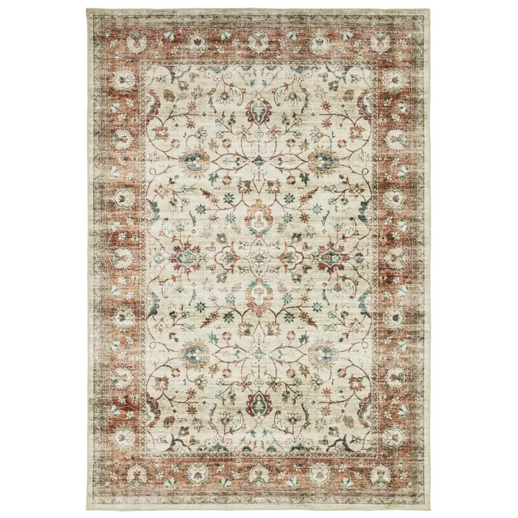 8' X 10' Ivory And Rust Oriental Distressed Area Rug