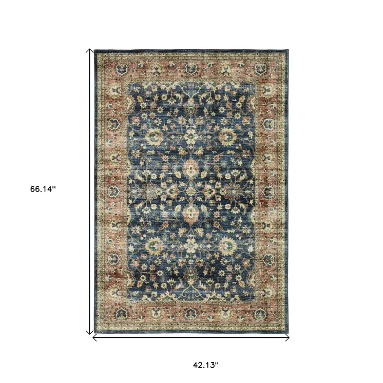 4' X 6' Blue And Rust Oriental Distressed Area Rug