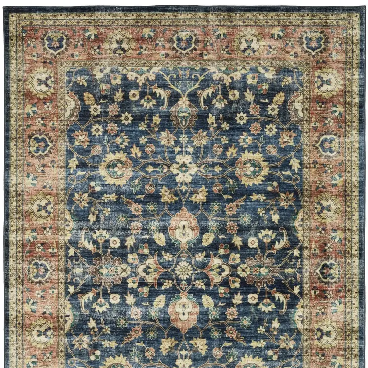 5' X 7' Blue And Rust Oriental Distressed Area Rug