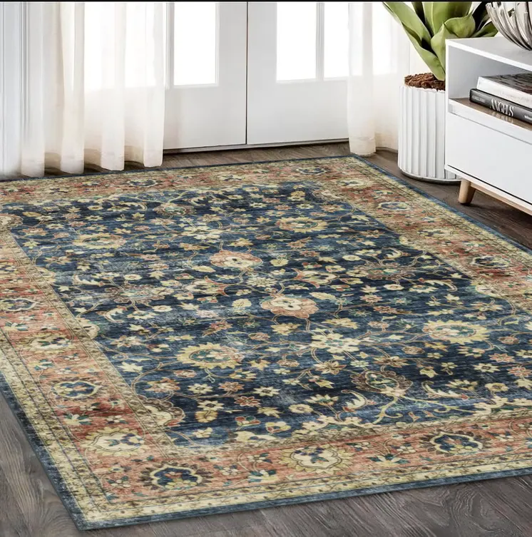 5' X 7' Blue And Rust Oriental Distressed Area Rug